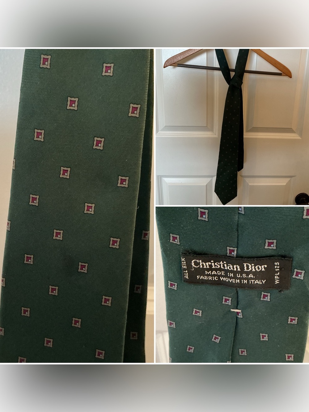 Dior Dark Green Silk Tie with Pink Square Motif